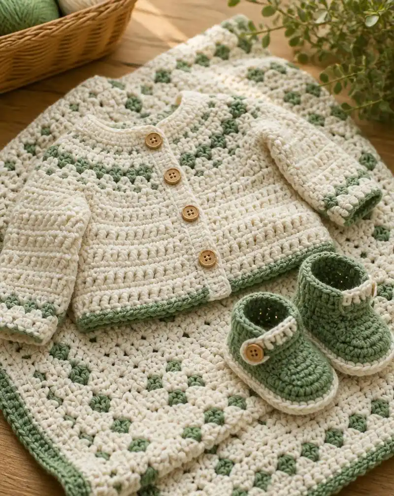 Chaquetita, zapatitos y mantita de bebé en crochet
