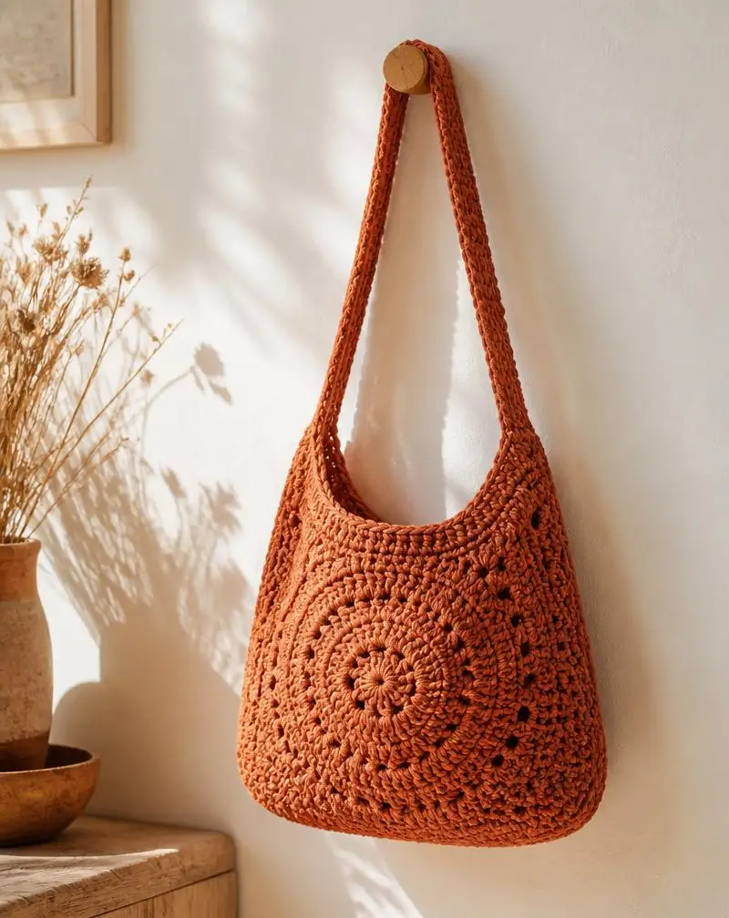 Bolso de crochet en hilo terracota colgado en la pared