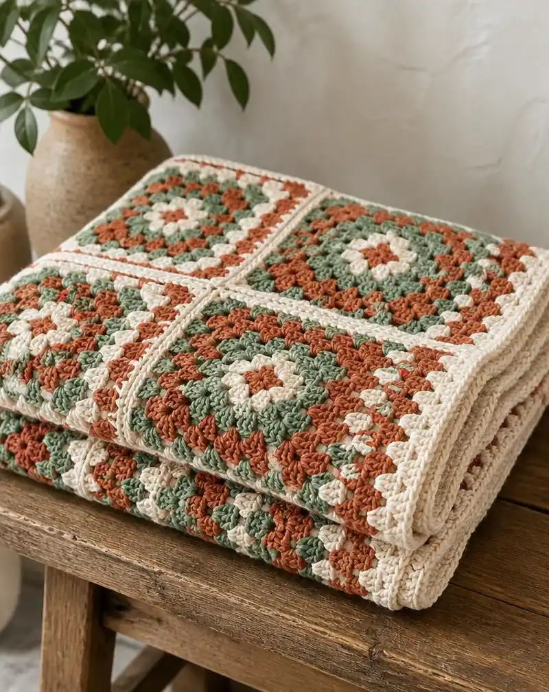 Manta de crochet doblada sobre un banco de madera