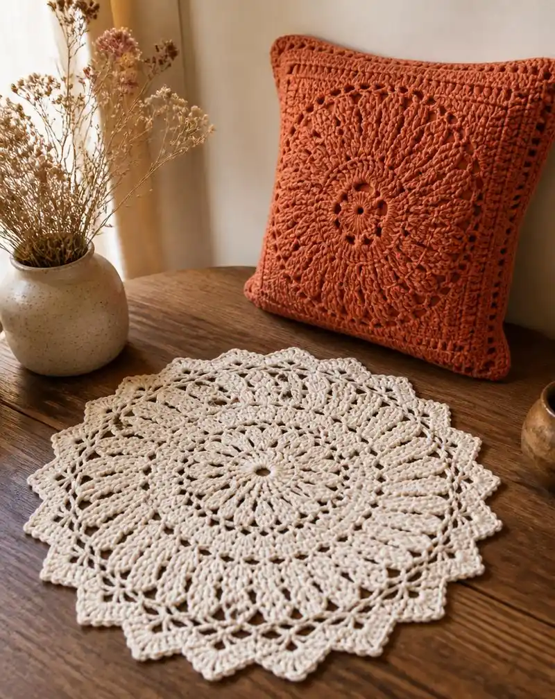 Cojín y carpeta de crochet sobre una mesa de madera