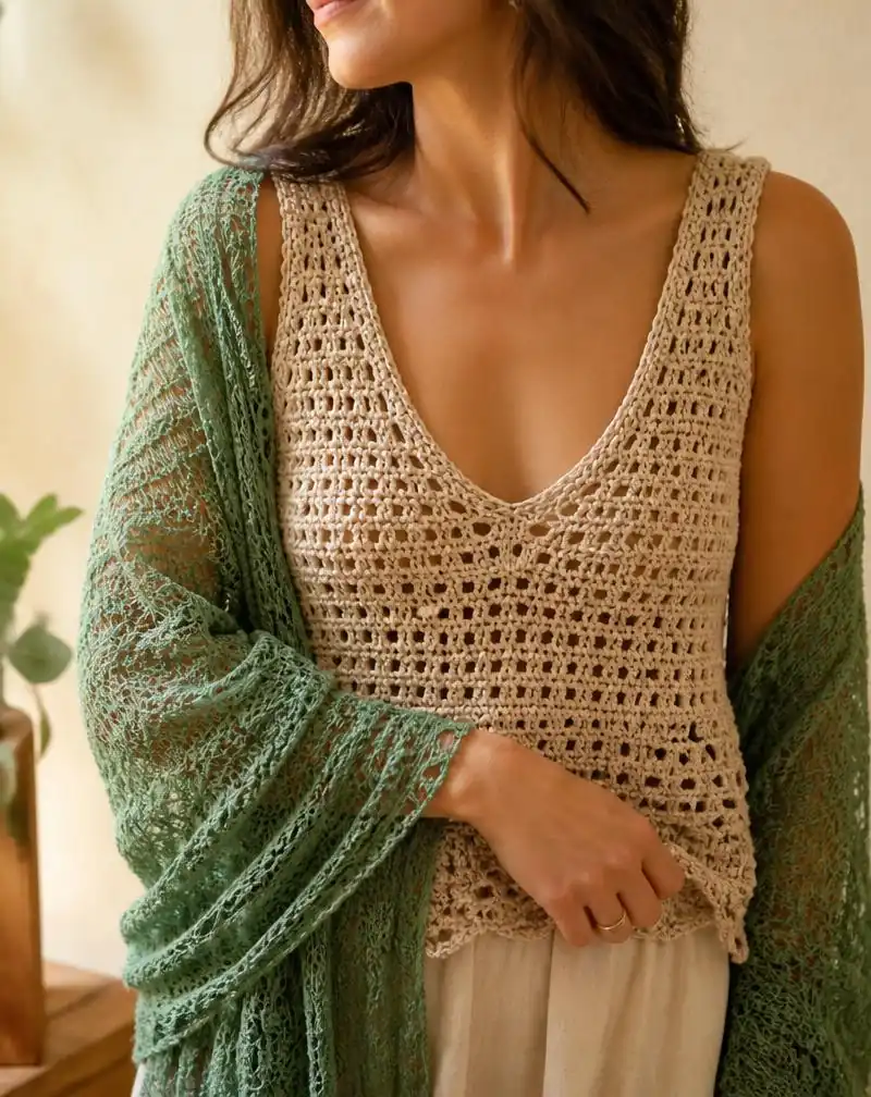 Top y chal de crochet puestos