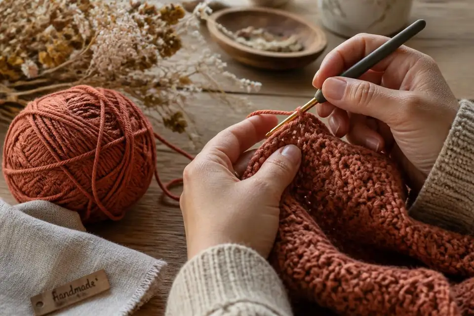 Manos tejiendo una pieza de crochet con hilo terracota