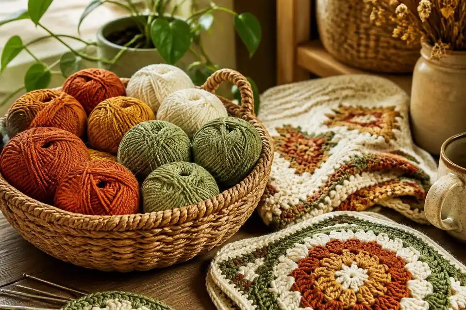 Canasta con ovillos de hilo y piezas de crochet terminadas
